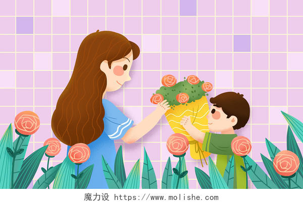 母亲节手绘给妈妈送花的小男孩原创插画海报
